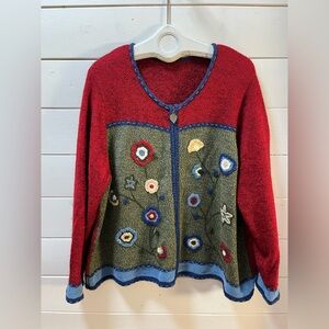 VINTAGE EMBROIDERED KNIT CARDIGAN – 2X – RED & GREEN